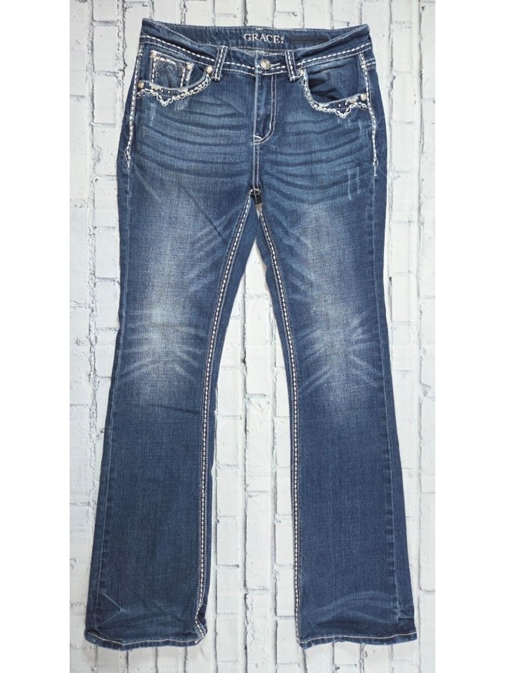 Grace In LA Womens Embellished Bootcut Jeans Size 29 Dark Wash Denim Distressed